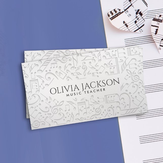Simple elegant white paper music notes pattern business card (Creator Uploaded)