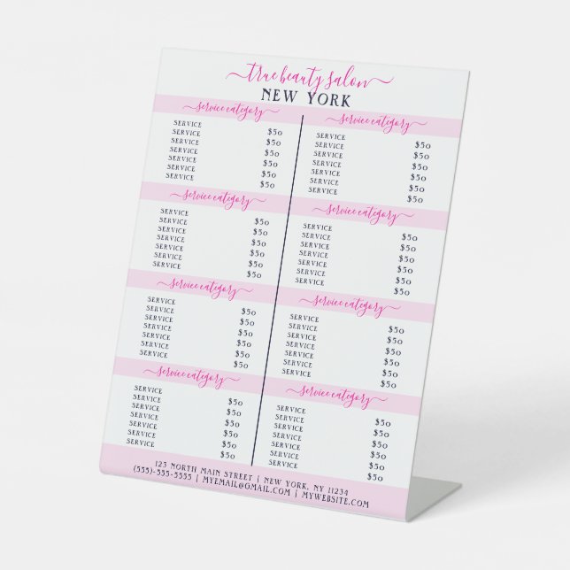 Simple Elegant White Pink Logo Salon 8 Price List Pedestal Sign (Front)