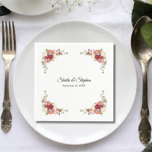 Simple Elegant White Red Floral Wedding Napkin