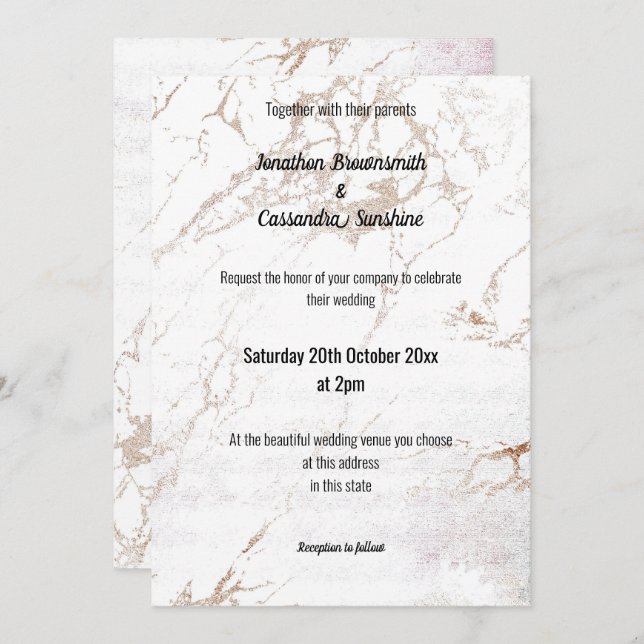 SIMPLE ELEGANT  WHITE ROSE GOLD MARBLE WEDDING INVITATION (Front/Back)