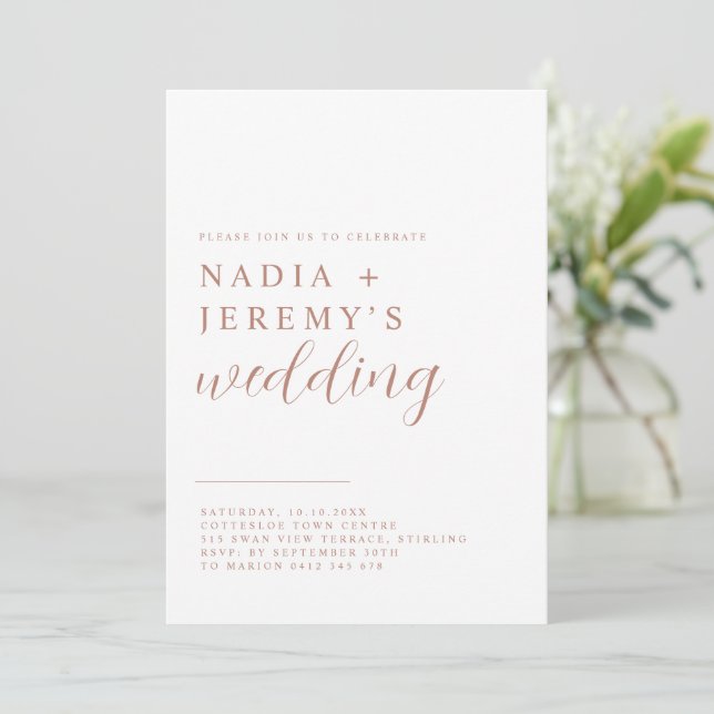 Simple Elegant White & Rose Gold Wedding Invitation (Standing Front)