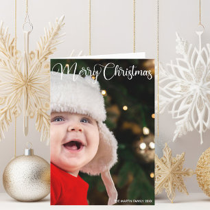 Simple Elegant White Script Christmas Photo Folded Holiday Card