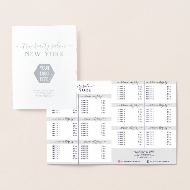 Simple Elegant White Silver Logo Salon Price List Foil Card (Display)