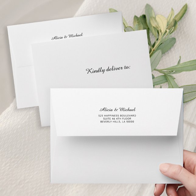 Simple elegant white wedding invite return address envelope (Creator Uploaded)