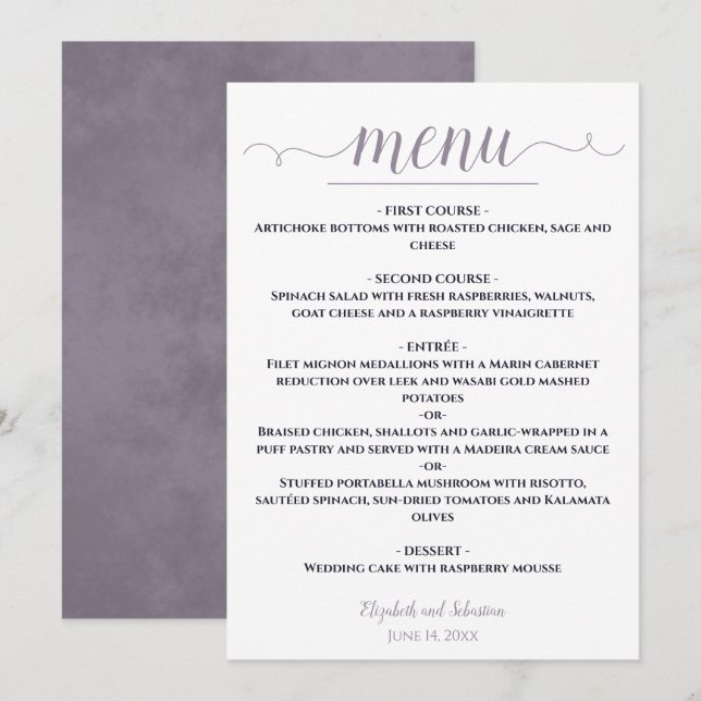 Simple Elegant White with Navy & Lavender Wedding Menu (Front/Back)