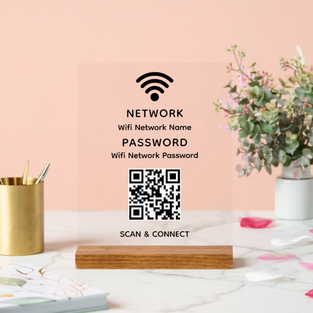 Simple Elegant Wifi QR Code Network Password Acrylic Sign (Wedding)