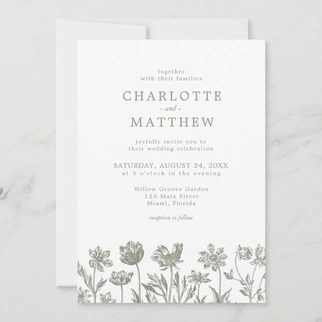 Simple Elegant Wild Flower Sage Green Wedding Invitation (Front)