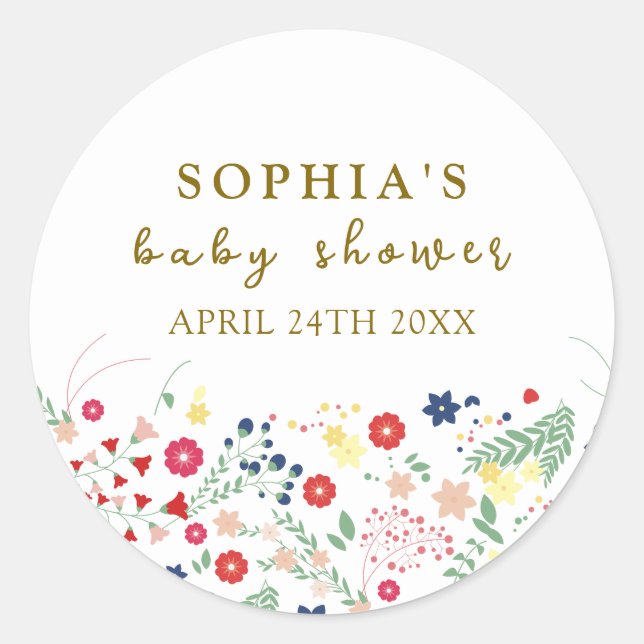 Simple Elegant Wildflower Baby Shower  Classic Round Sticker (Front)