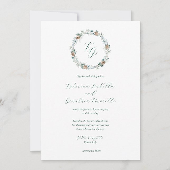 Simple Elegant Winter Greenery Monogram Wedding Invitation (Front)