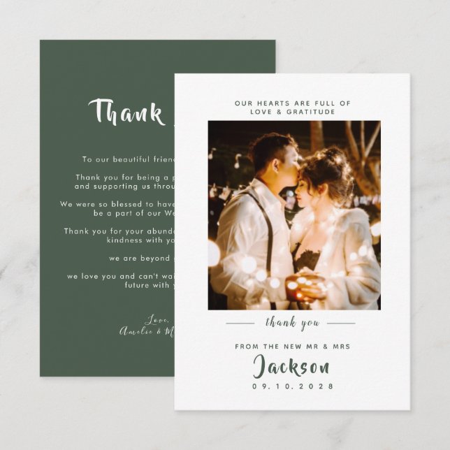 Simple elegant with photo Dark Green Wedding Thank You Card (Front/Back)