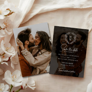 Simple Elegant Wreath 2-Photo Text Overlay Wedding Save The Date