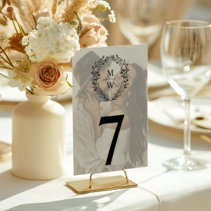 Simple Elegant Wreath 2-Photo Text Overlay Wedding Table Number
