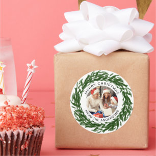 Simple Elegant Wreath Christmas Photo Family Name Classic Round Sticker