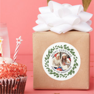 Simple Elegant Wreath Christmas Photo Family Name Classic Round Sticker