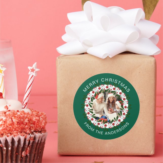 Simple Elegant Wreath Christmas Photo Family Name Classic Round Sticker (Party)