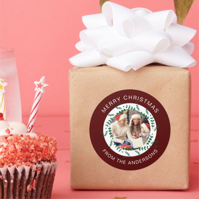 Simple Elegant Wreath Christmas Photo Family Name Classic Round Sticker (Party)