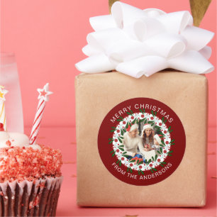 Simple Elegant Wreath Christmas Photo Family Name Classic Round Sticker