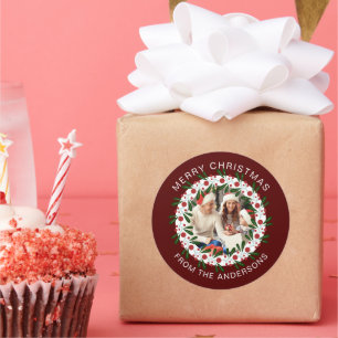 Simple Elegant Wreath Christmas Photo Family Name Classic Round Sticker