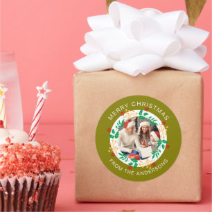 Simple Elegant Wreath Christmas Photo Family Name Classic Round Sticker