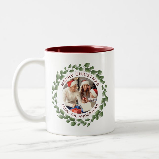 Simple Elegant Wreath Christmas Photo Family Name Two-Tone Coffee Mug (Left)