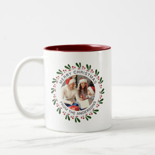 Simple Elegant Wreath Christmas Photo Family Name Two-Tone Coffee Mug
