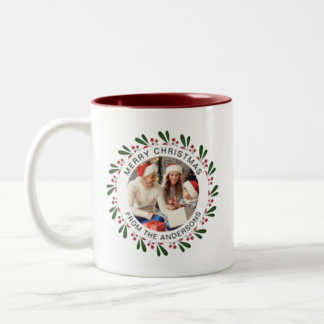 Simple Elegant Wreath Christmas Photo Family Name Two-Tone Coffee Mug (Left)