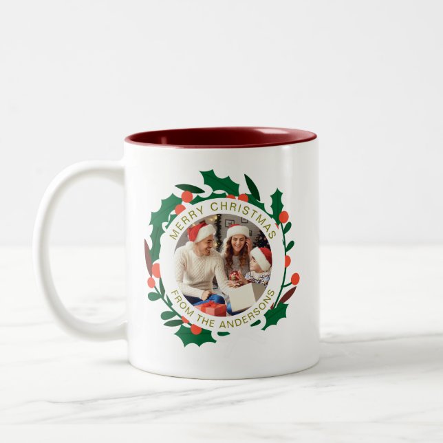 Simple Elegant Wreath Christmas Photo Family Name Two-Tone Coffee Mug (Left)