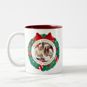 Simple Elegant Wreath Christmas Photo Family Name Two-Tone Coffee Mug