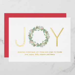 Simple Elegant Wreath Joy Christmas Gold Foil Foil Holiday Card