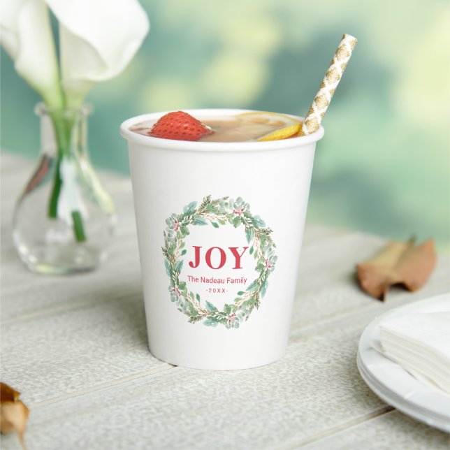 Simple Elegant Wreath Joy Modern Christmas Paper Cups (Insitu)