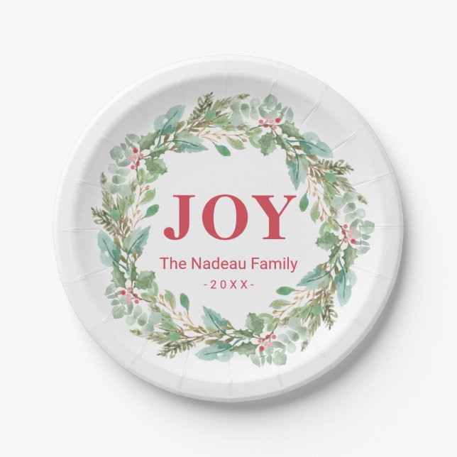 Simple Elegant Wreath Joy Modern Christmas Paper Plate (Front)