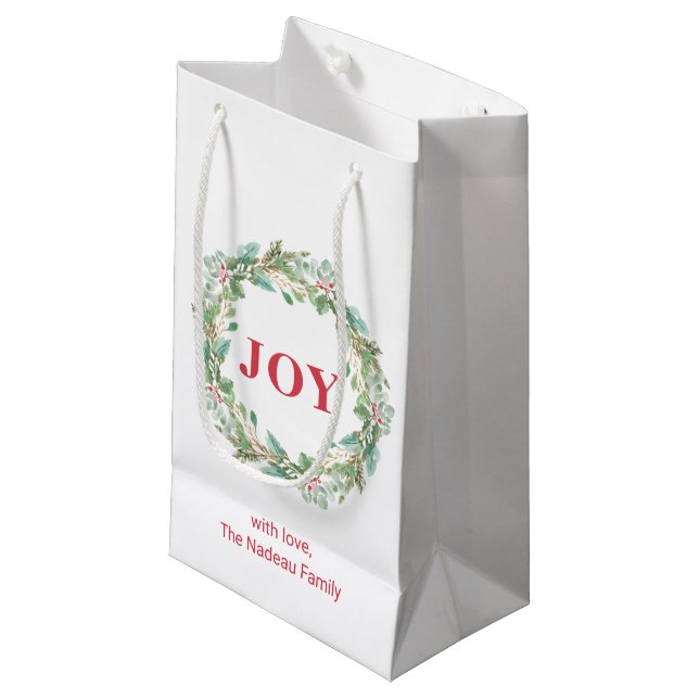 Simple Elegant Wreath Joy Modern Christmas Small Gift Bag (Front Angled)