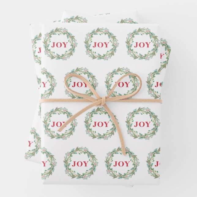 Simple Elegant Wreath Joy Modern Christmas Wrapping Paper Sheet (In situ)