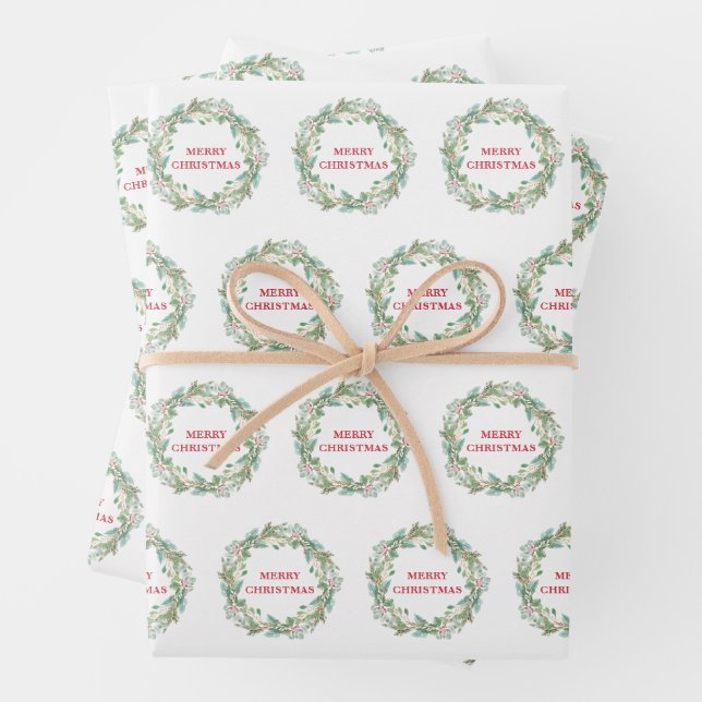 Simple Elegant Wreath Joy Modern Christmas Wrapping Paper Sheet (In situ)