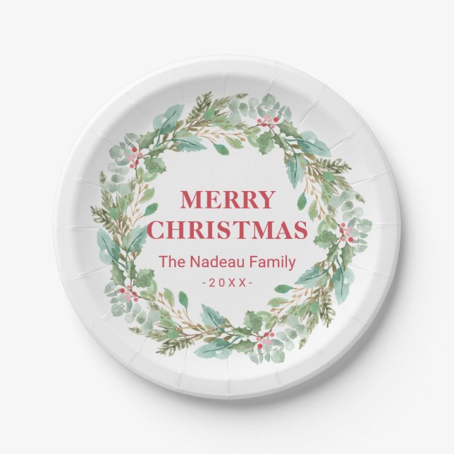 Simple Elegant Wreath Modern Christmas Paper Plate (Front)