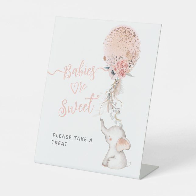 Simple Elephant & Balloon Baby Shower sweet treat Pedestal Sign (Front)