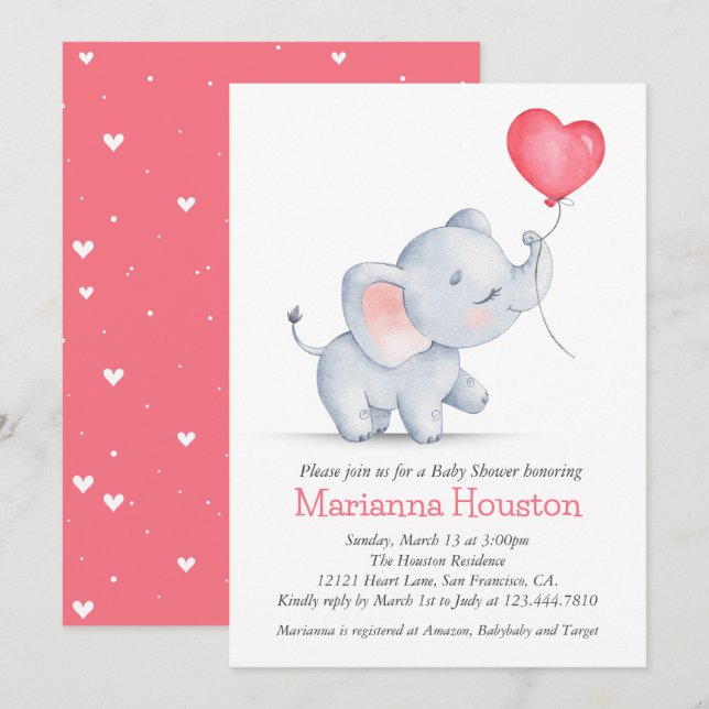 Simple Elephant & Heart Balloon Baby Shower Invitation (Front/Back)