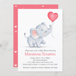 Simple Elephant & Heart Balloon Baby Shower Invitation
