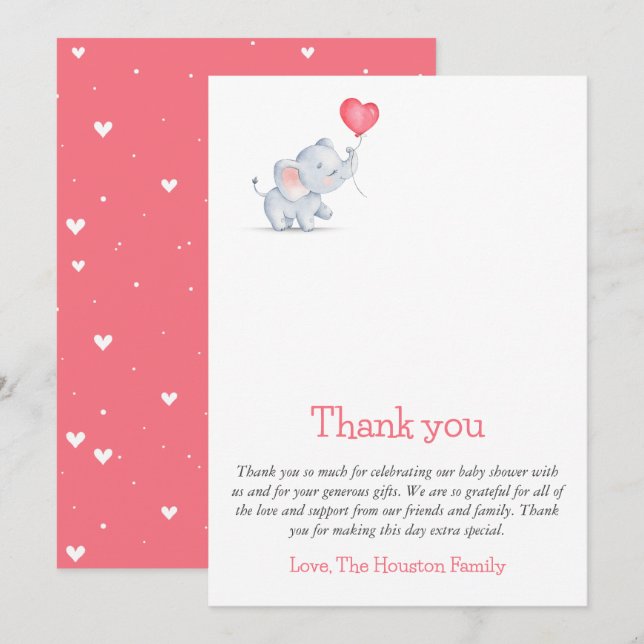 Simple Elephant & Heart Balloon Baby Shower Thank You Card (Front/Back)