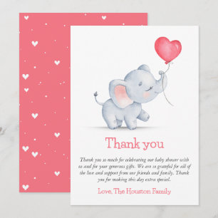 Simple Elephant & Heart Balloon Baby Shower Thank You Card