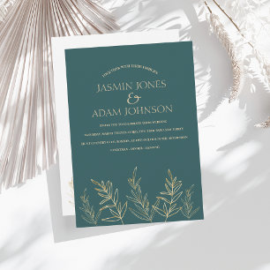 Simple Emerald Green and Gold Leaves Wedding Invitation