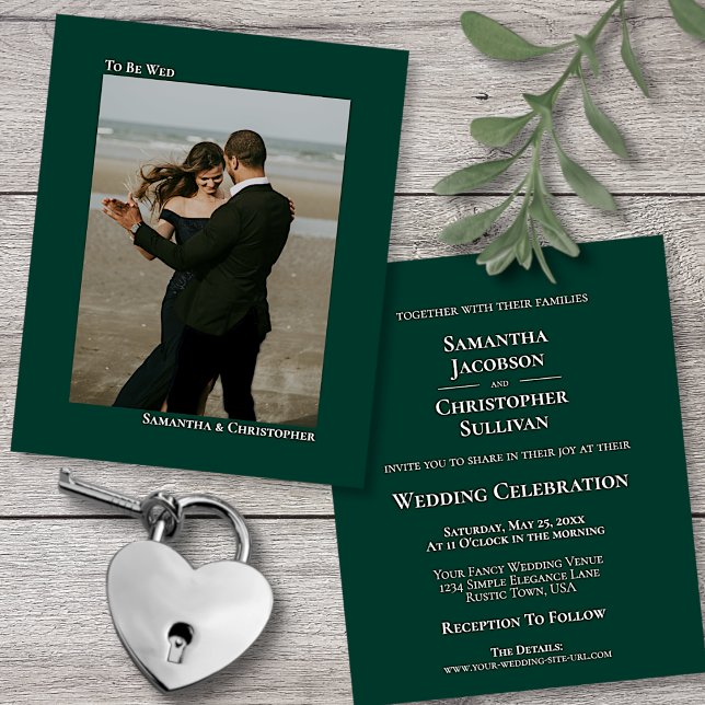 Simple Emerald Green BUDGET Wedding Photo Invite (In Situ with Leaves & Heart)