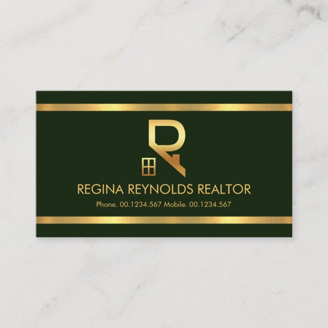 Simple Emerald Green Gold Border Stripes Business Card (Front)