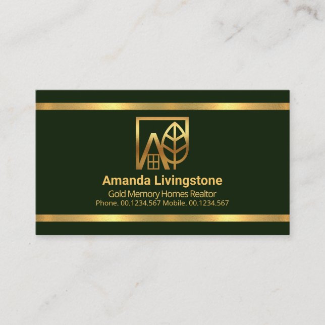 Simple Emerald Green Gold Borders Realtor Business Card (Front)