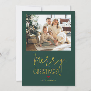 Simple Emerald Green Gold Merry Christmas Photo Holiday Card