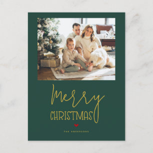 Simple Emerald Green Gold Merry Christmas Photo Holiday Postcard