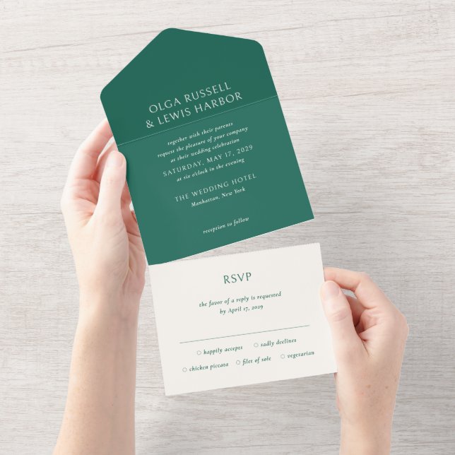 Simple Emerald Green Modern Wedding All In One Invitation (Tearaway)