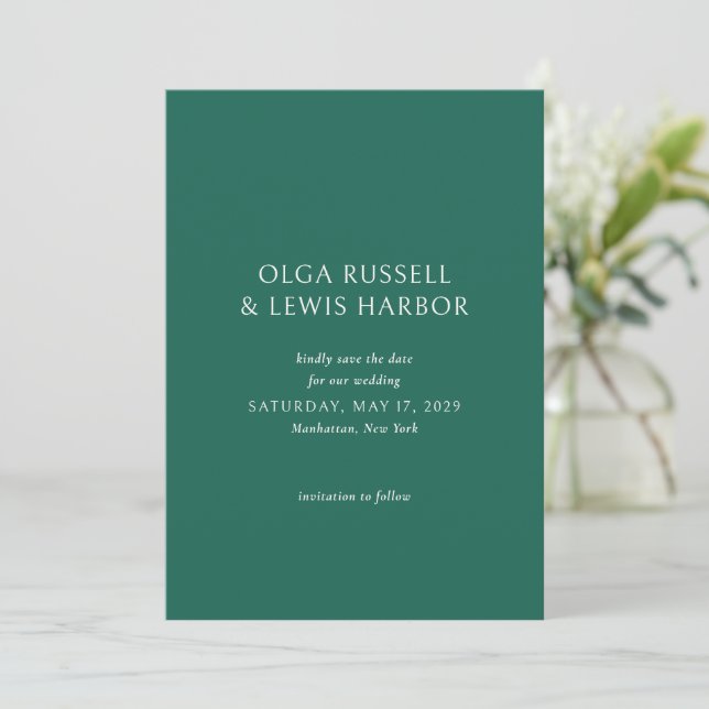 Simple Emerald Green Modern Wedding Save The Date (Standing Front)