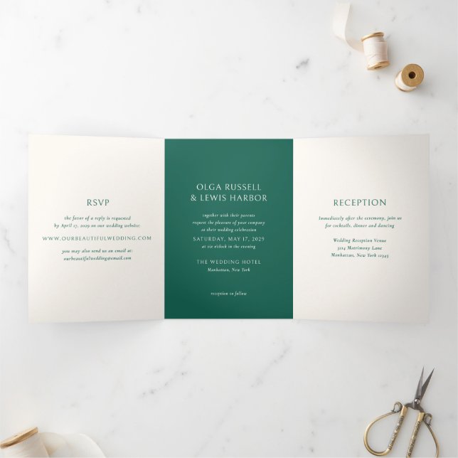 Simple Emerald Green Modern Wedding Tri-Fold Invitation (Inside)