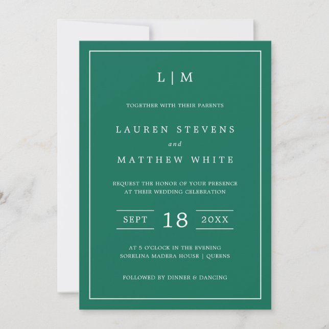 Simple Emerald Green Monogram Elegant Wedding Invitation (Front)